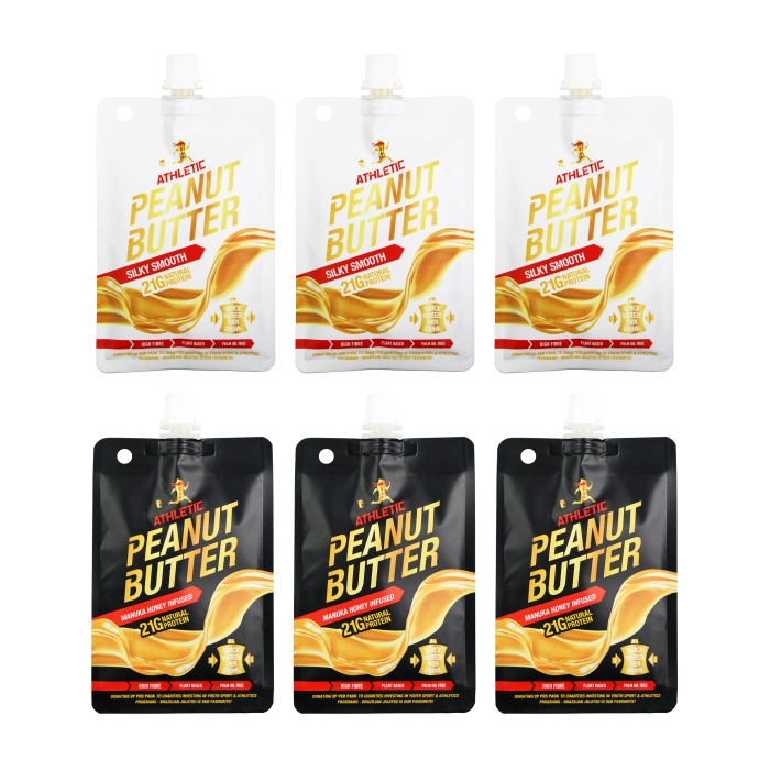 Athletic Peanut Butter - Mixed - 3 x Silky Smooth, 3 x Manuka Honey 90g Packs
